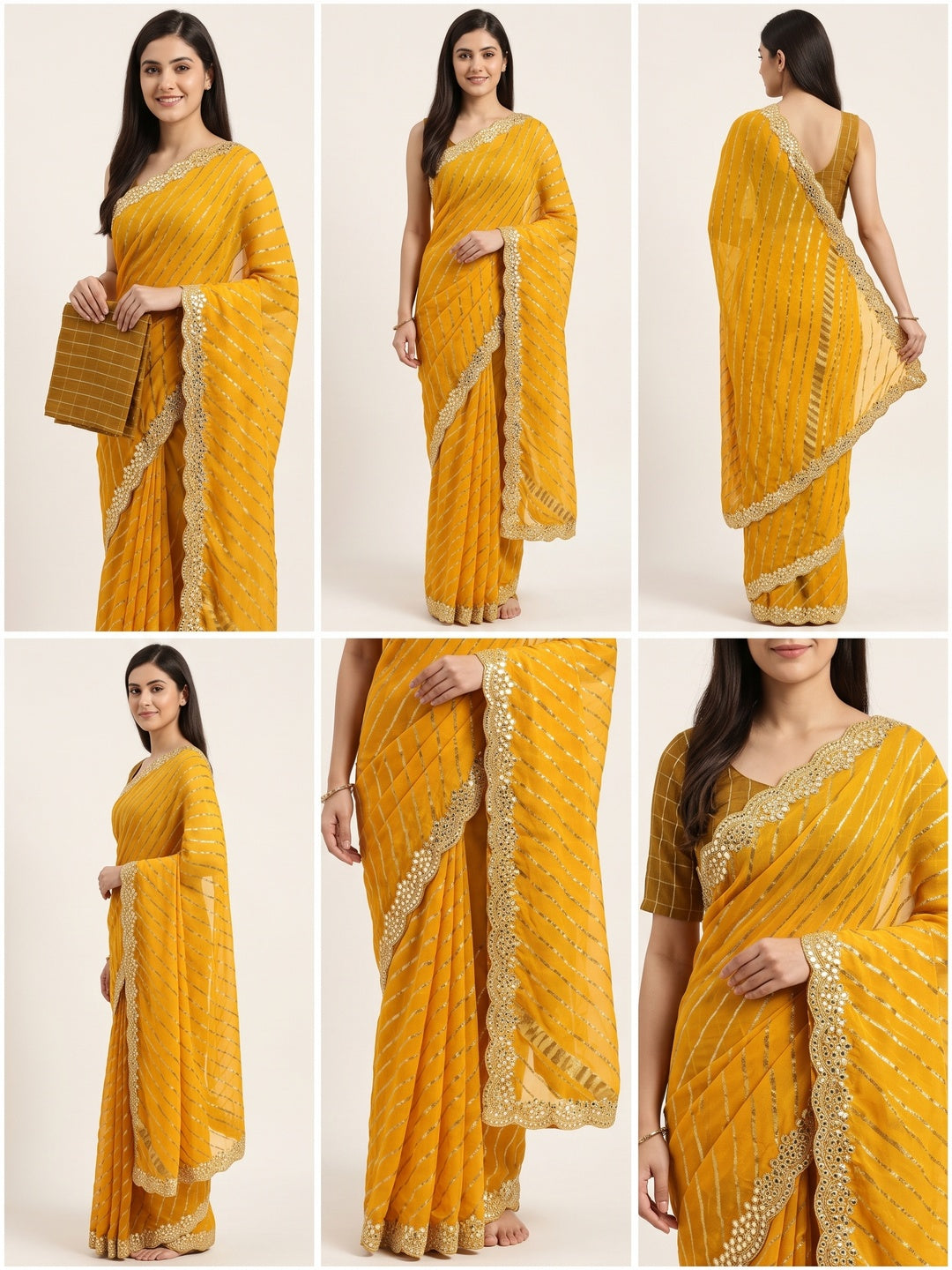Mustard Striped Printed Chiffon Saree With Sequins Embroidered Border - Image 2