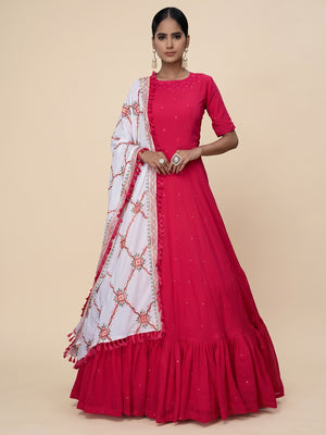 Alluring Rani Pink Colored Partywear Embroidered Georgette Anarkali Suit - Image 1