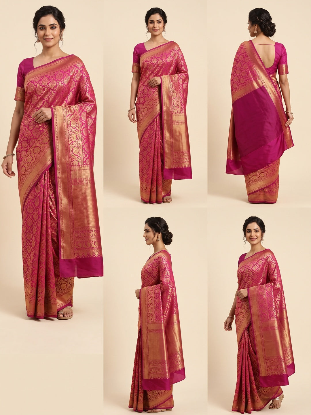 Rani Pink Floral Woven Lichi Banarasi Silk Saree - Image 2