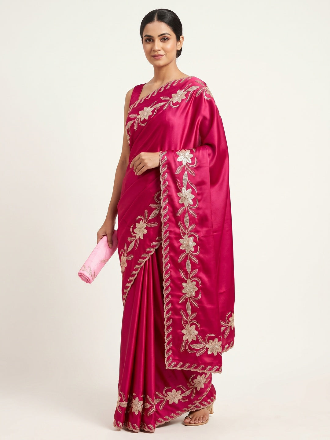 Pink Sequins Work Embroidered Satin Saree for Special Occasions - Image 5