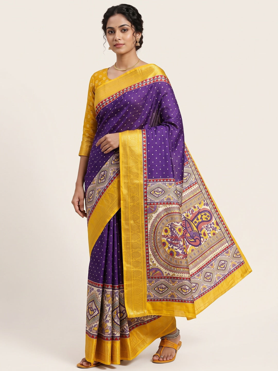 Purple Madhubani Work Woven Dola Silk Saree - Image 1
