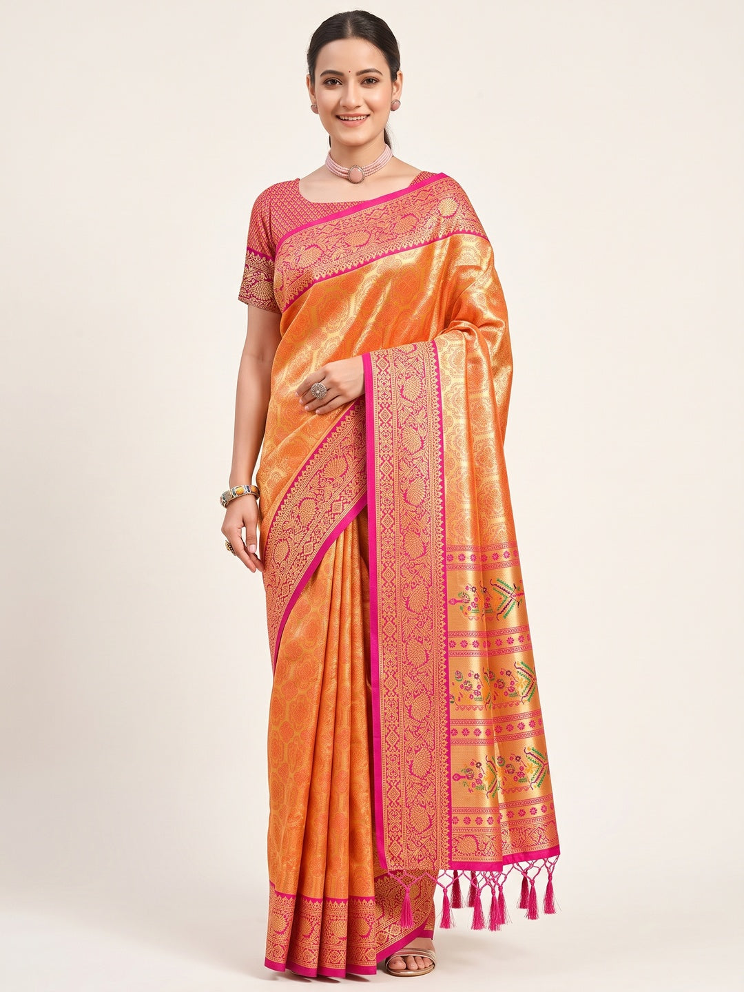 Orange Paithani Saree In Kanjivaram Silk Featuring Floral Woven Motifs & Tassel Pallu - Image 1