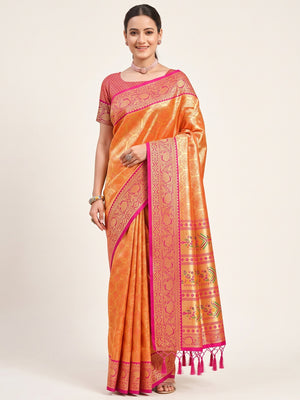 Orange Paithani Saree In Kanjivaram Silk Featuring Floral Woven Motifs & Tassel Pallu - Image 1