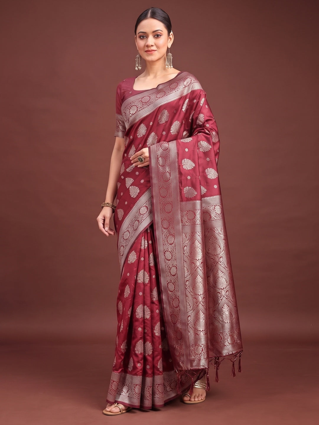 Maroon Banarasi Silk Saree with Intricate Silver Zari Weaving for Festive Elegance - Image 1