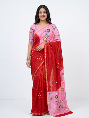 Ethnic Red Bandhani Print Mulmul Cotton Saree With Elegant Floral Pallu Design - Image 1