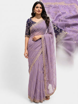 Sophisticated Lavender Georgette Saree Showcasing Sequins & Golden Thread Embroidery - Image 1