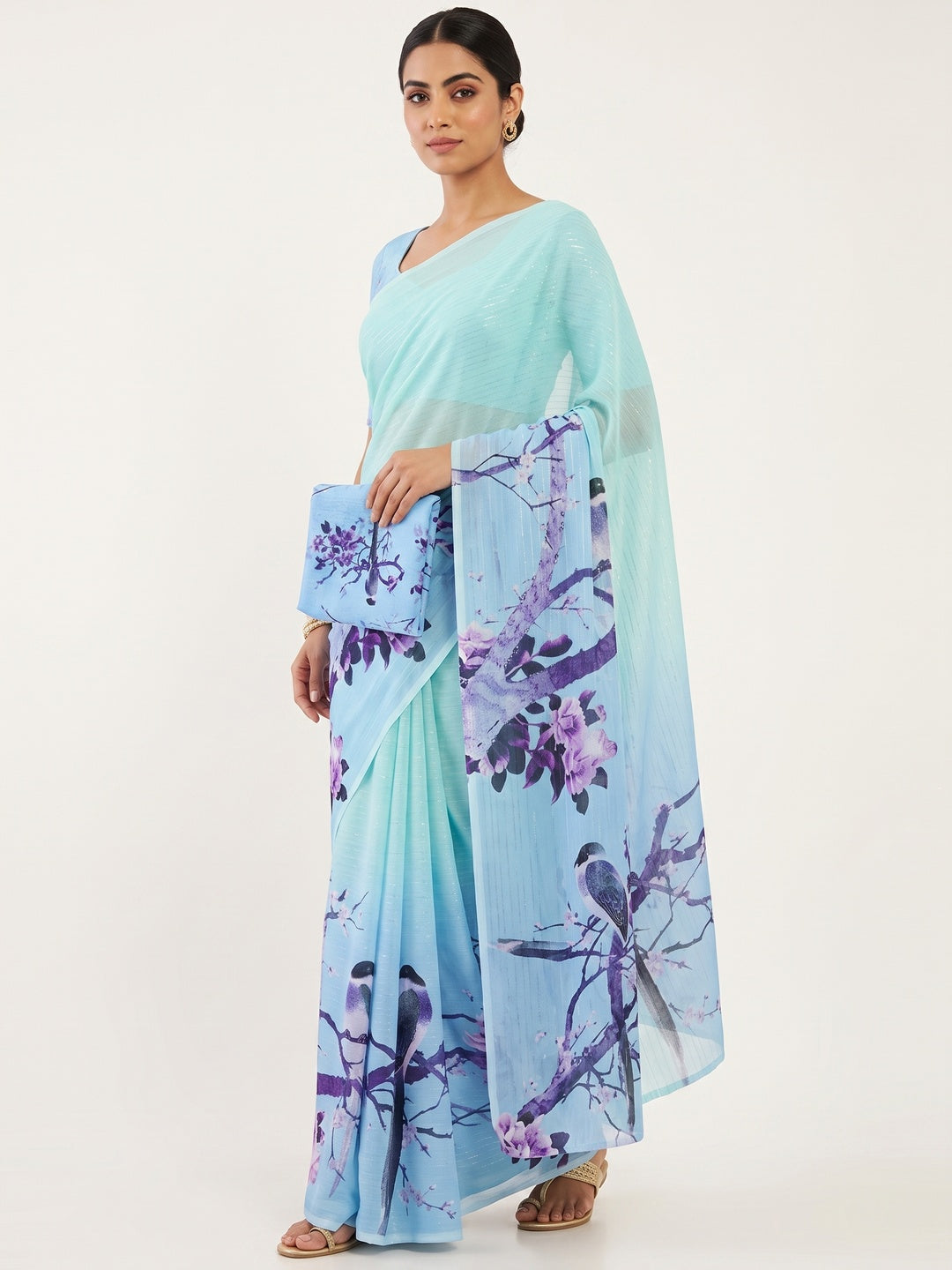 Light Turquoise Sparkle Star Georgette Saree Adorned With Floral & Bird Digital Prints - Image 5