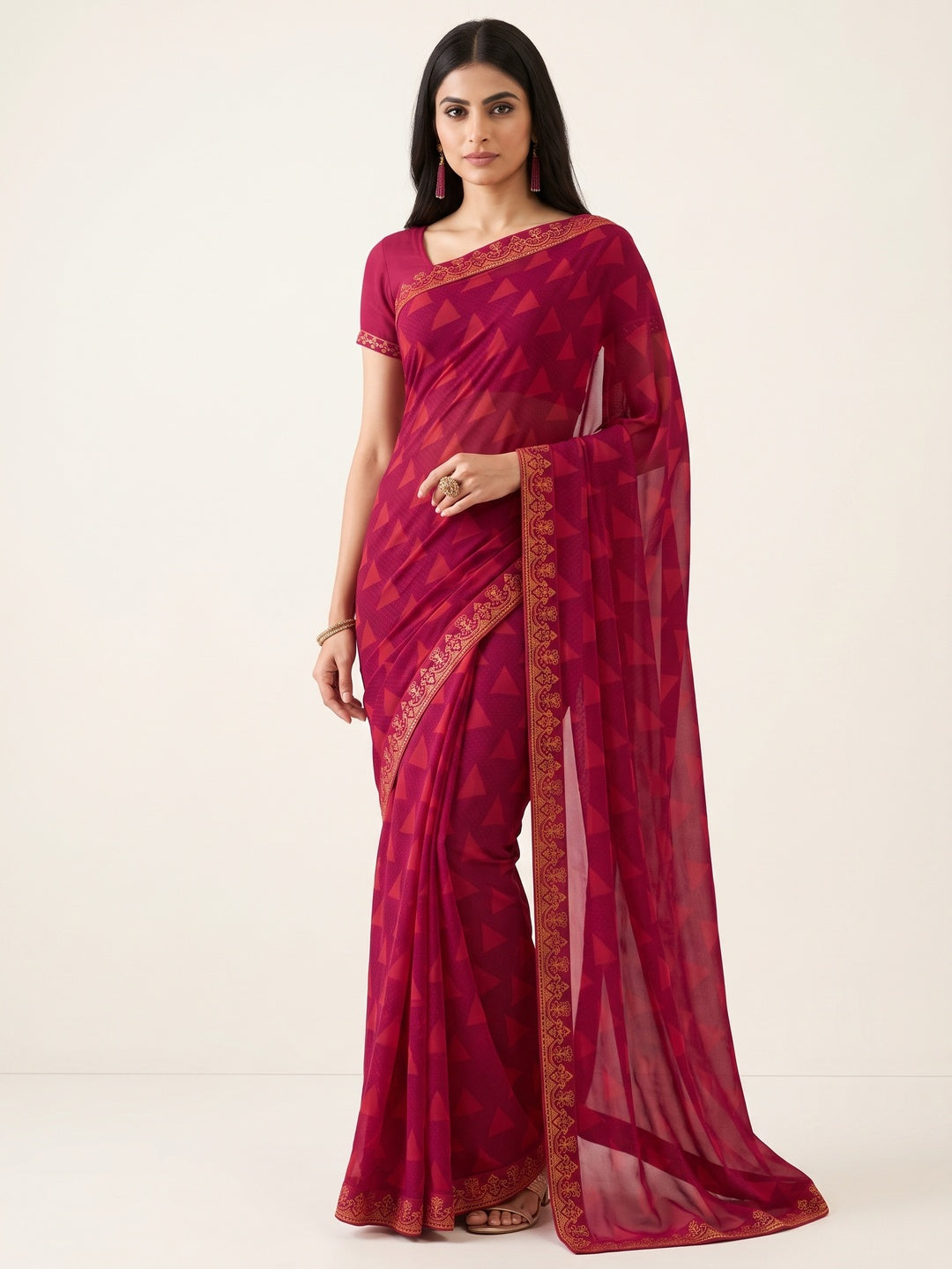 Pink Printed Georgette Saree With Lace Border - Image 2