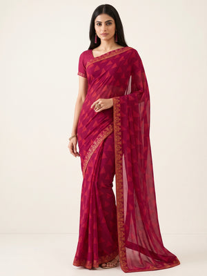 Pink Printed Georgette Saree With Lace Border - Image 2