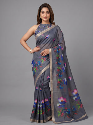 Dark Grey Floral Printed Linen Saree Adorned With Elegant Golden Zari Border Work - Image 1