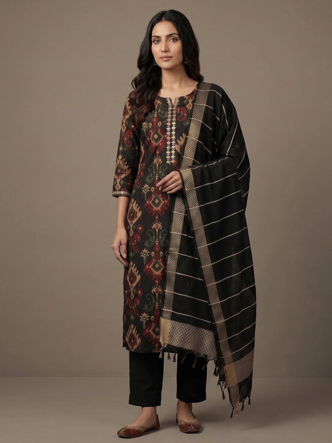 Ethnic Black Viscose Ikkat Print Kurta Salwar Suit with Stylish Dupatta - Image 1