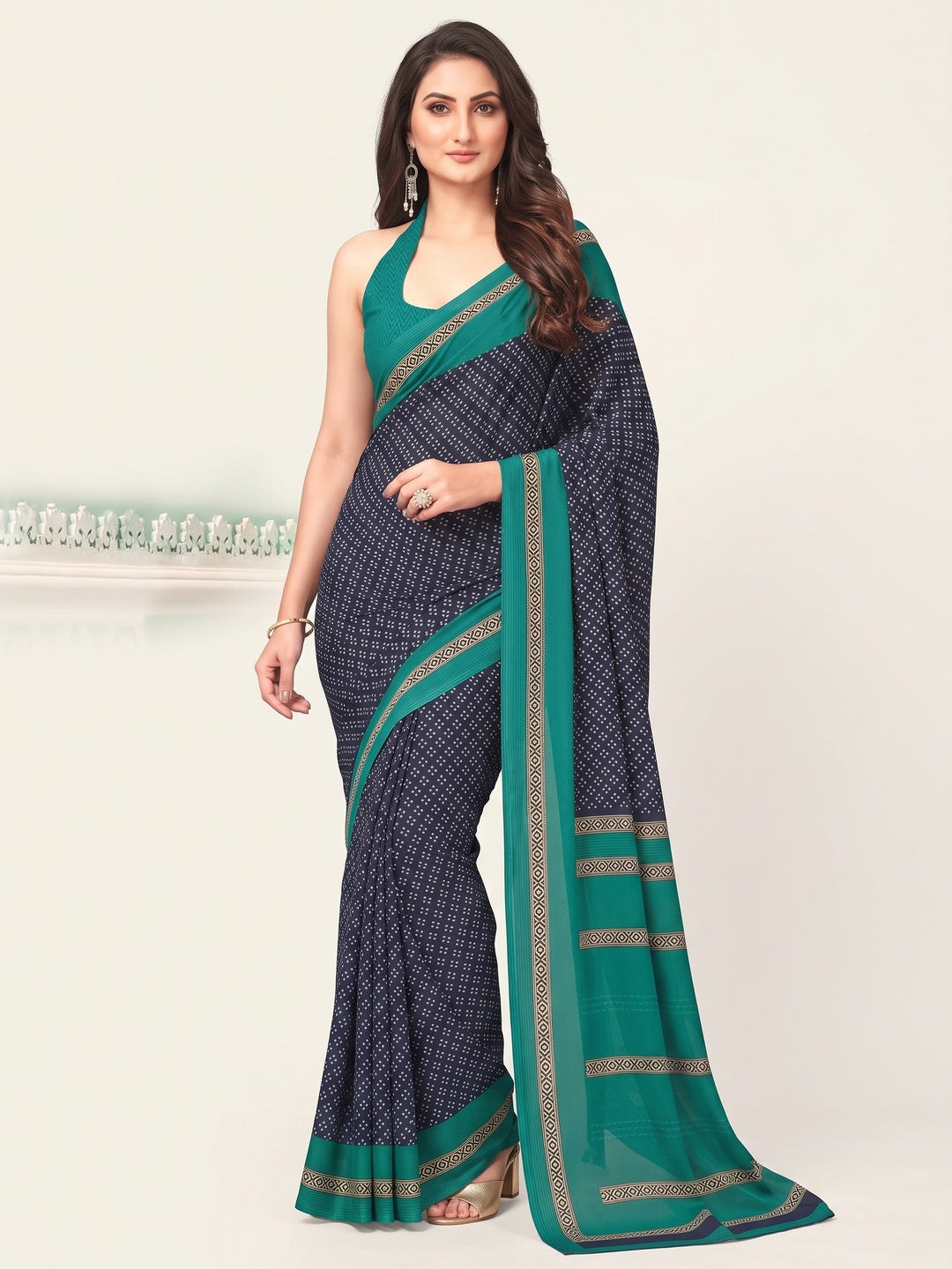 Navy blue Printed Crepe Silk Saree - Image 2