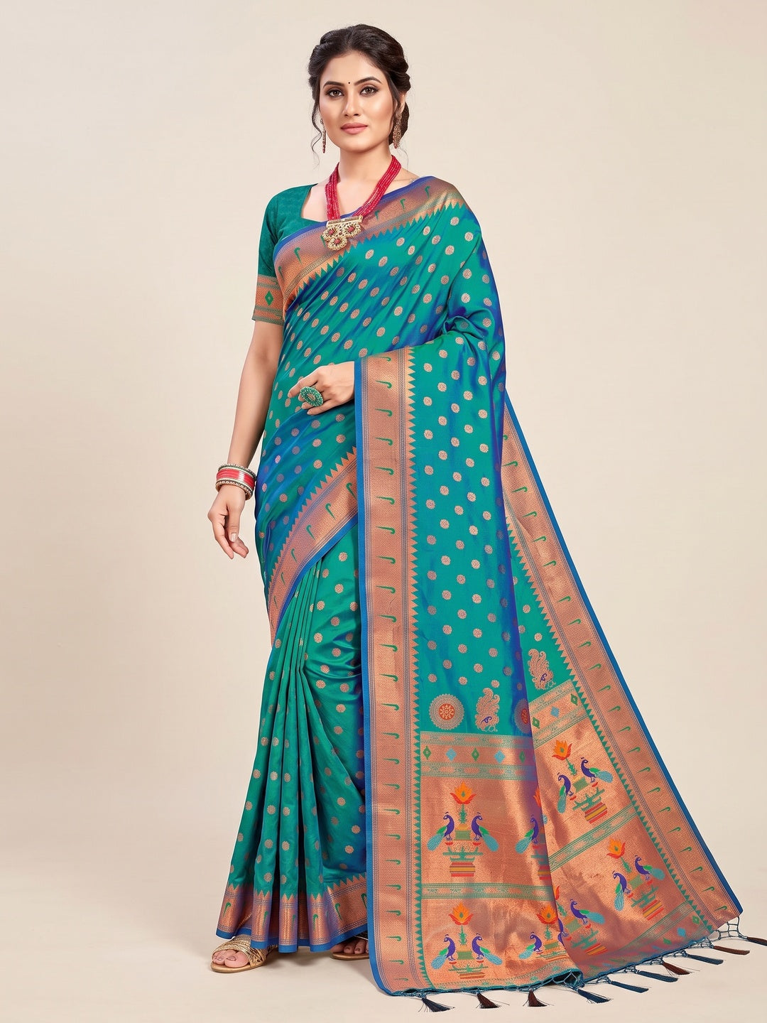 Turquoise Woven Art Silk Paithani Saree With Tassels - Image 2