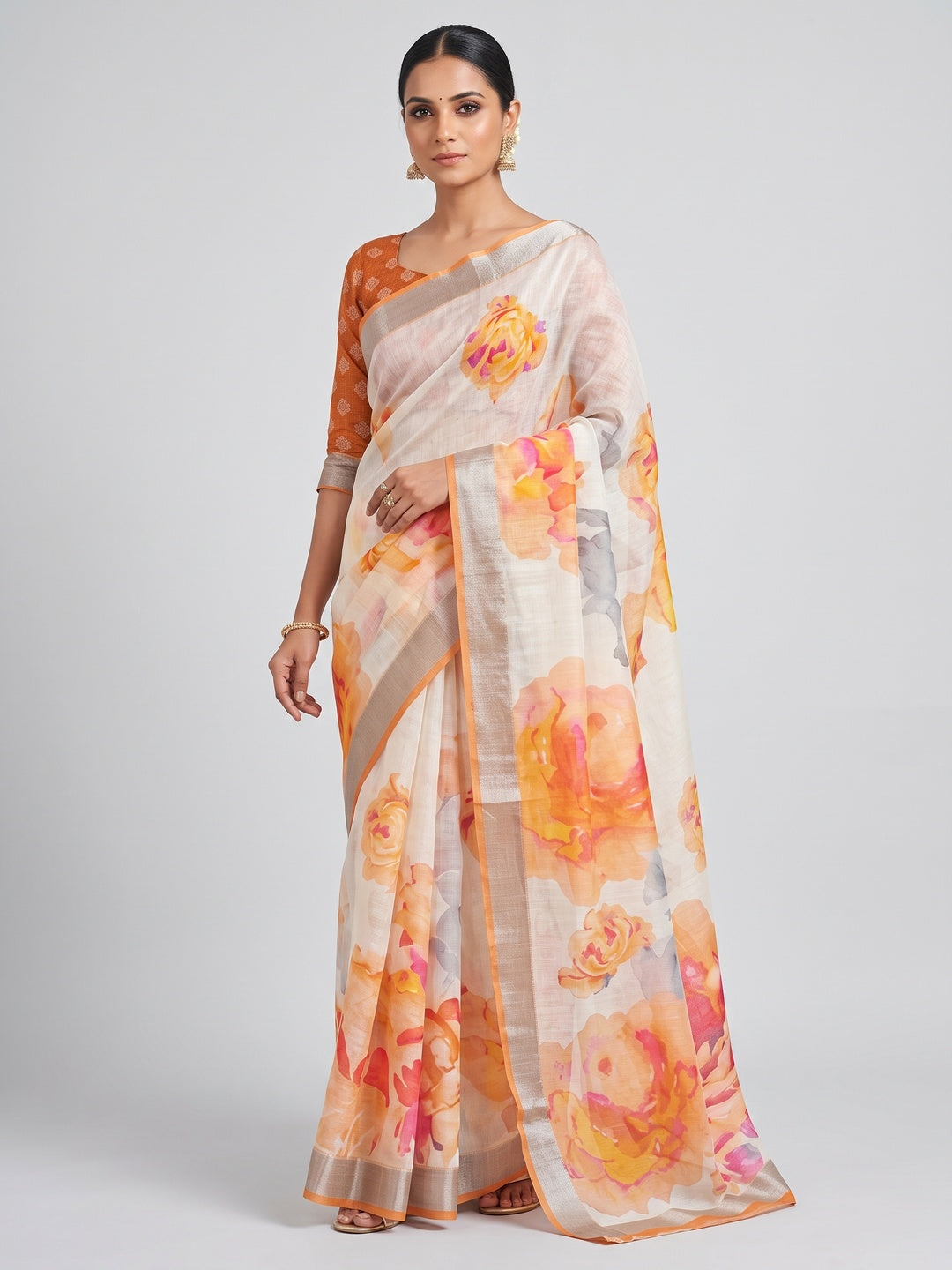 Refreshing Orange Floral Digital Printed Linen Saree Accented With A Subtle Silver Border - Image 1