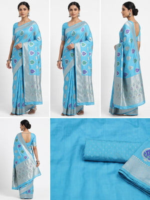 Blue Soft Dola Silk Saree Adorned with Intricate Meenakari-Style Weaving - Image 1