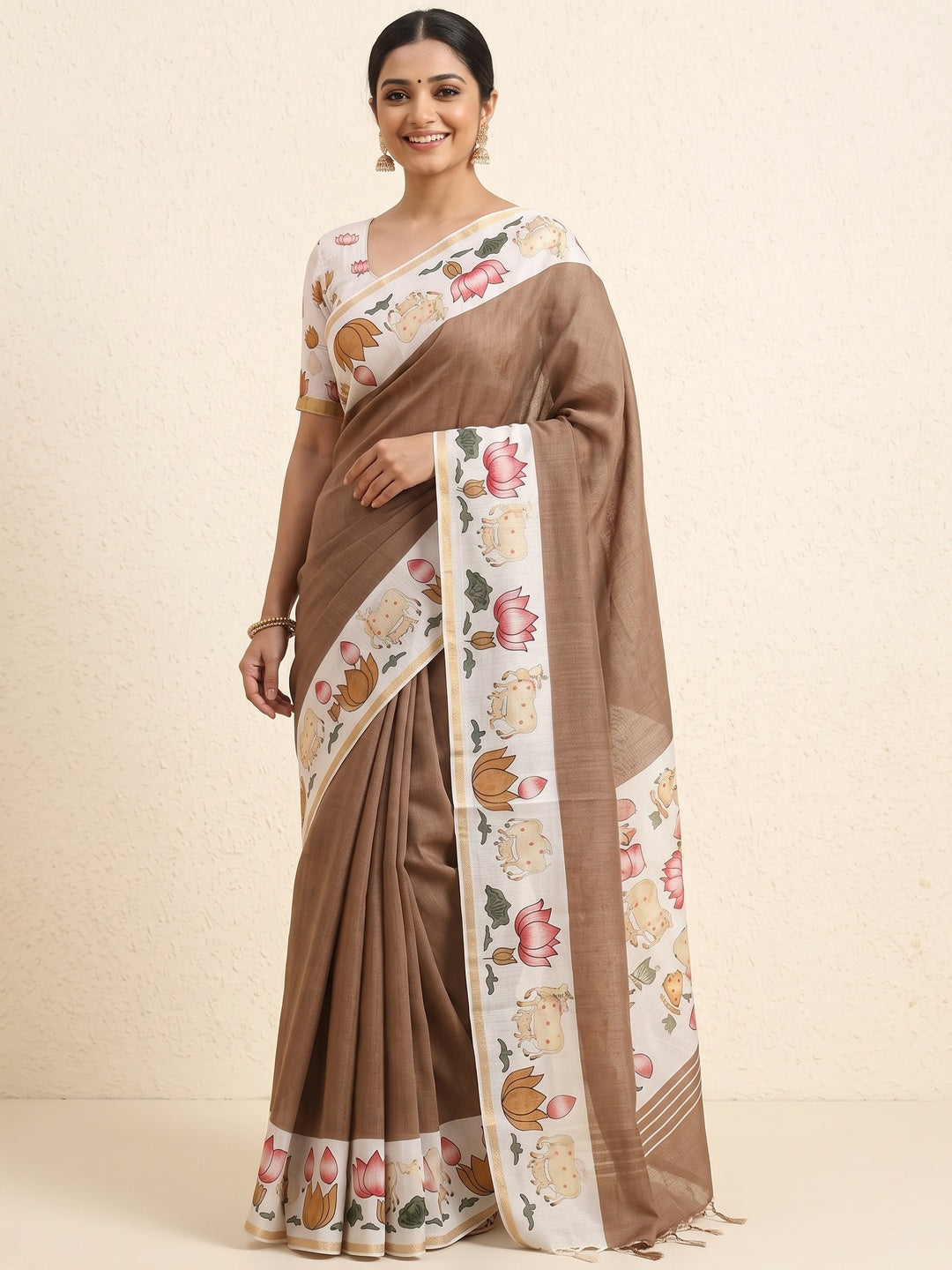 Elegant Chikoo Linen Saree with Lotus Border Print - Image 5