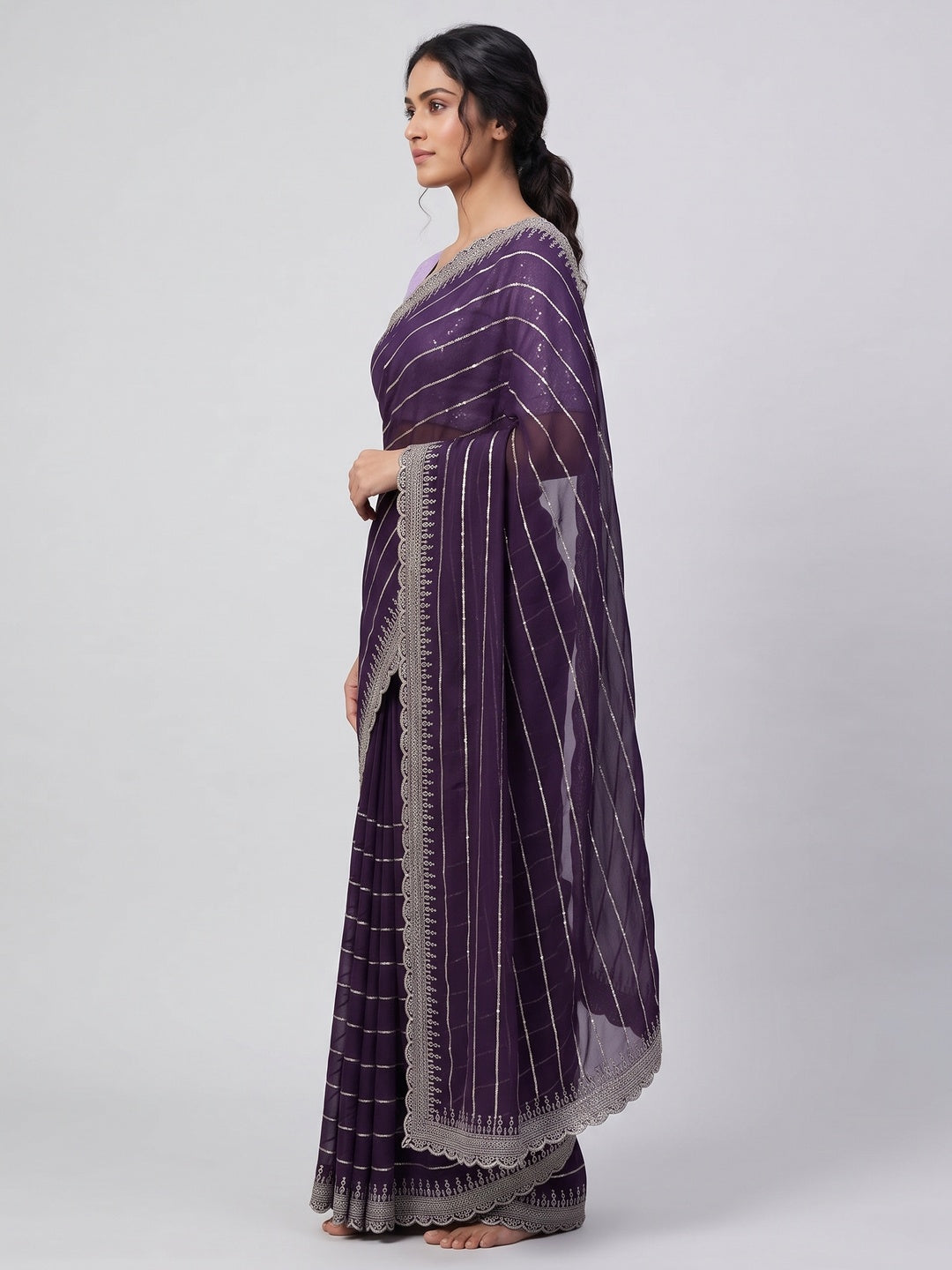 Purple Sequins Embroidered Chiffon Saree - Image 5