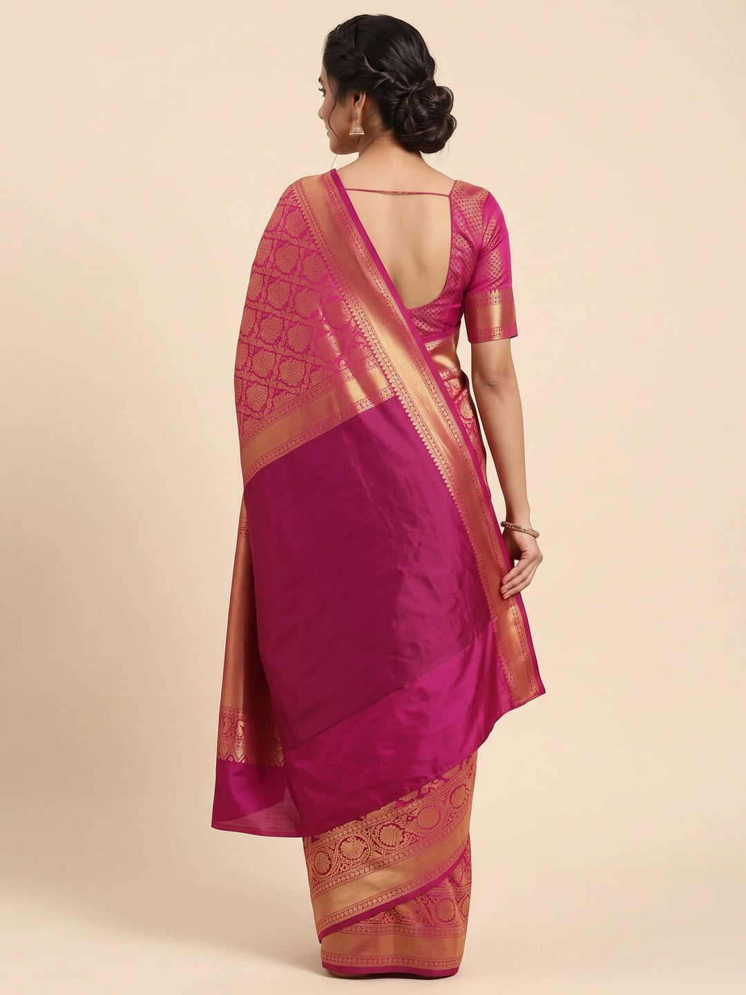 Rani Pink Floral Woven Lichi Banarasi Silk Saree - Image 3