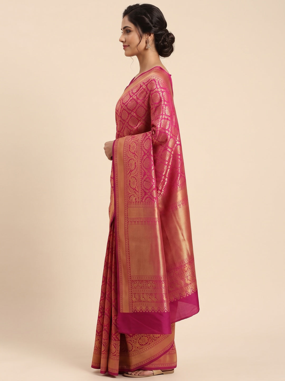 Rani Pink Floral Woven Lichi Banarasi Silk Saree - Image 4