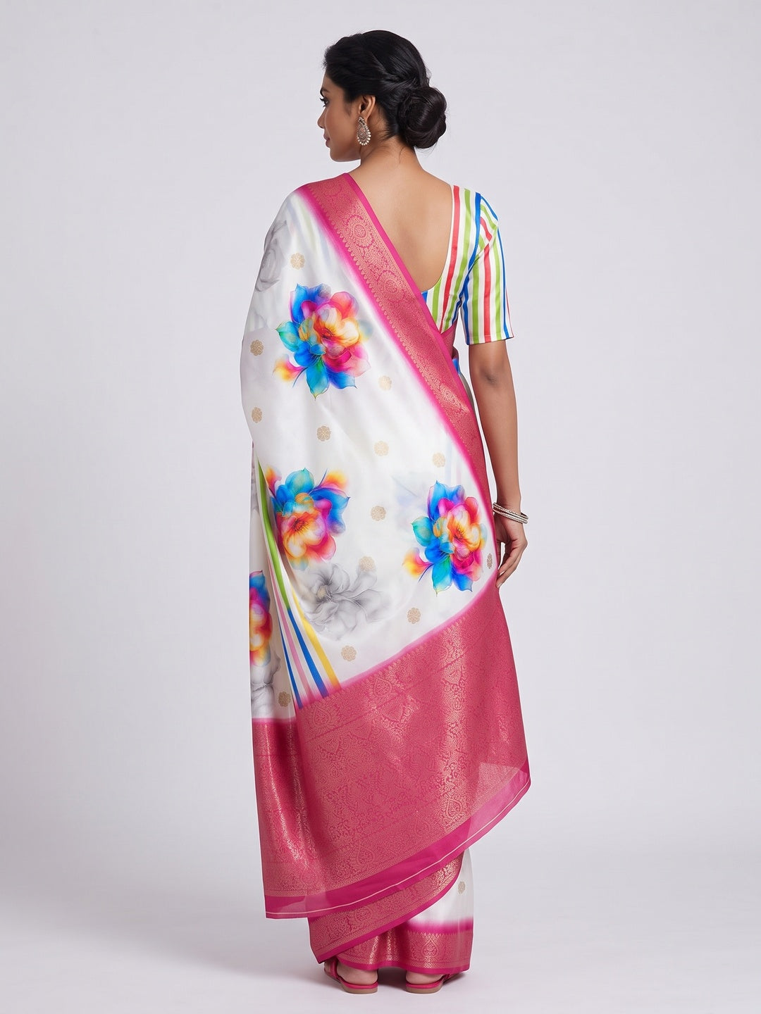 White Floral Digital Printed Dola Silk Saree With Woven Border - Image 2