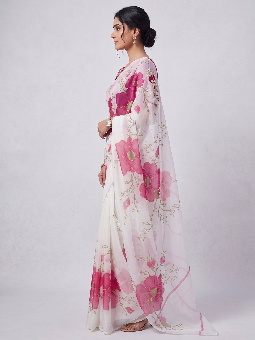 Vibrant White & Pink Floral Foil Printed Organza Saree With Designer Unstitched Blouse - Image 3