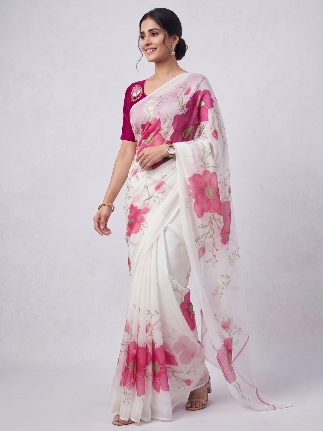 Vibrant White & Pink Floral Foil Printed Organza Saree With Designer Unstitched Blouse - Image 4