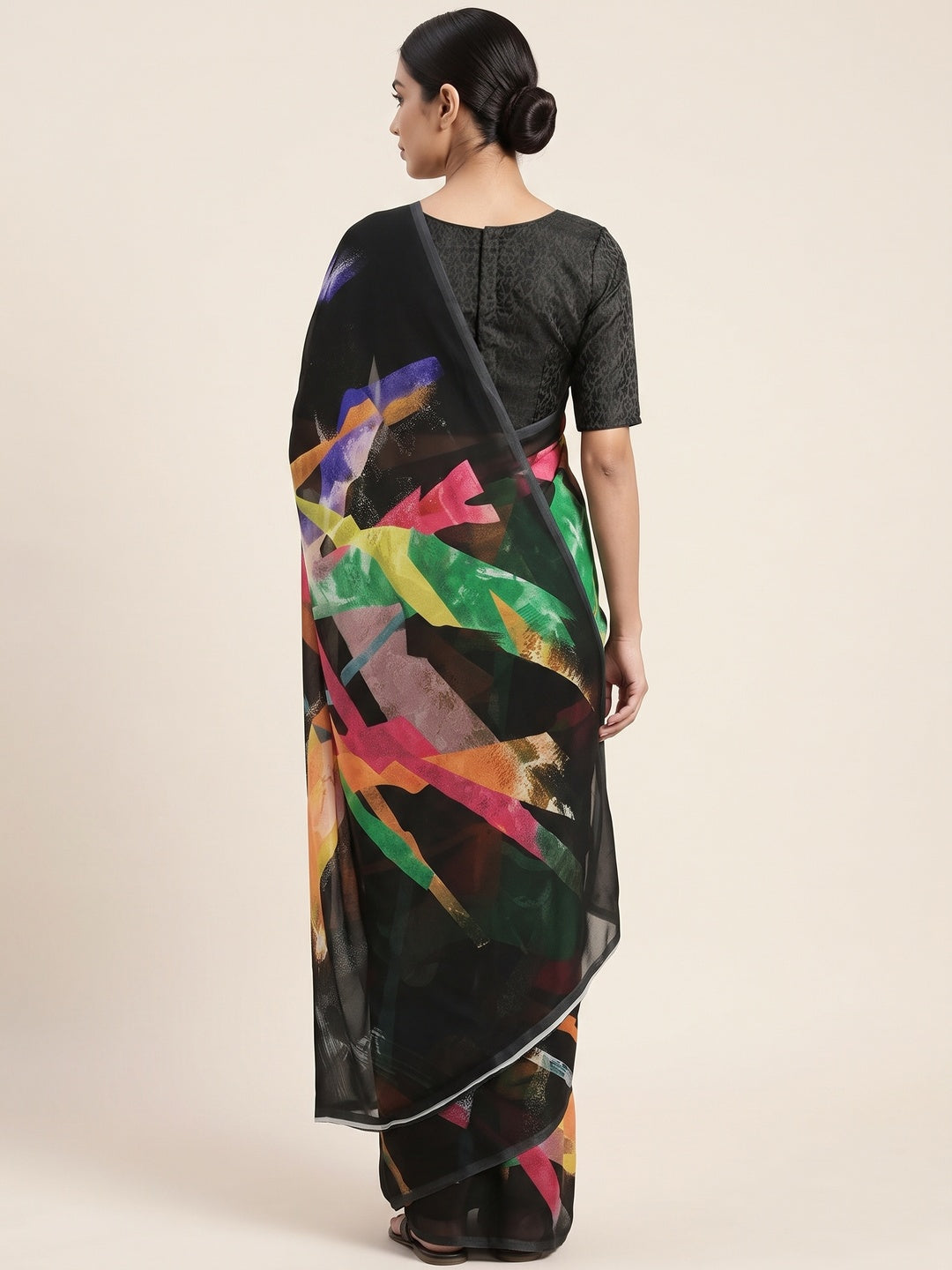 Black Floral Digital Printed Georgette Saree - Image 2