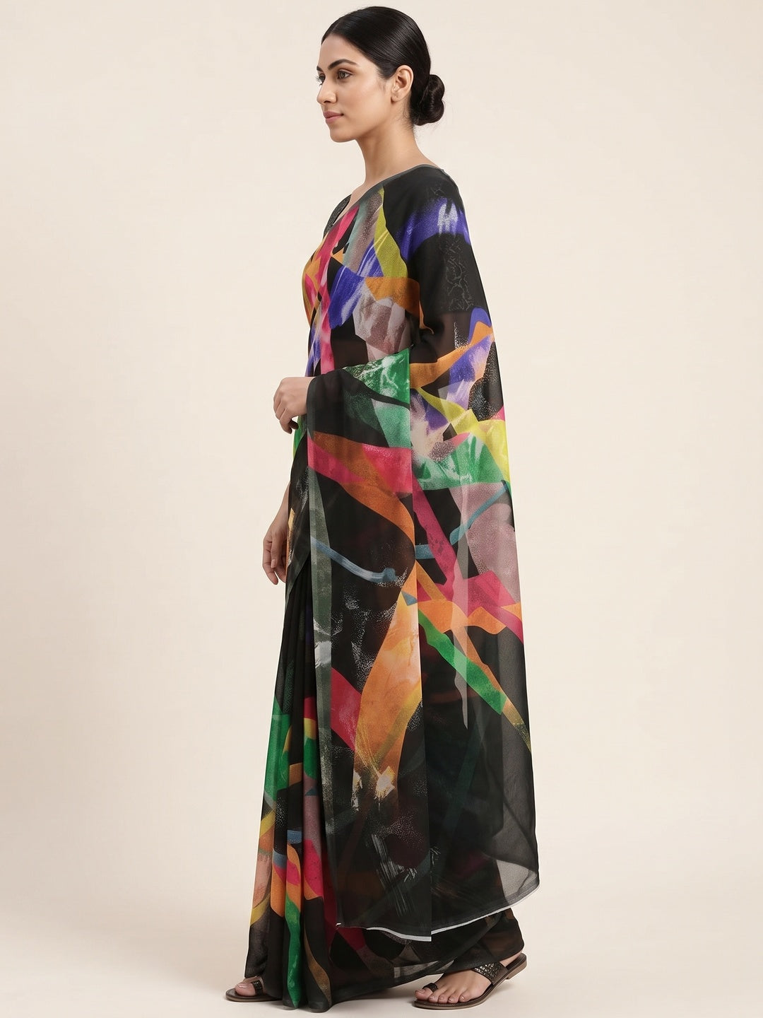 Black Floral Digital Printed Georgette Saree - Image 3