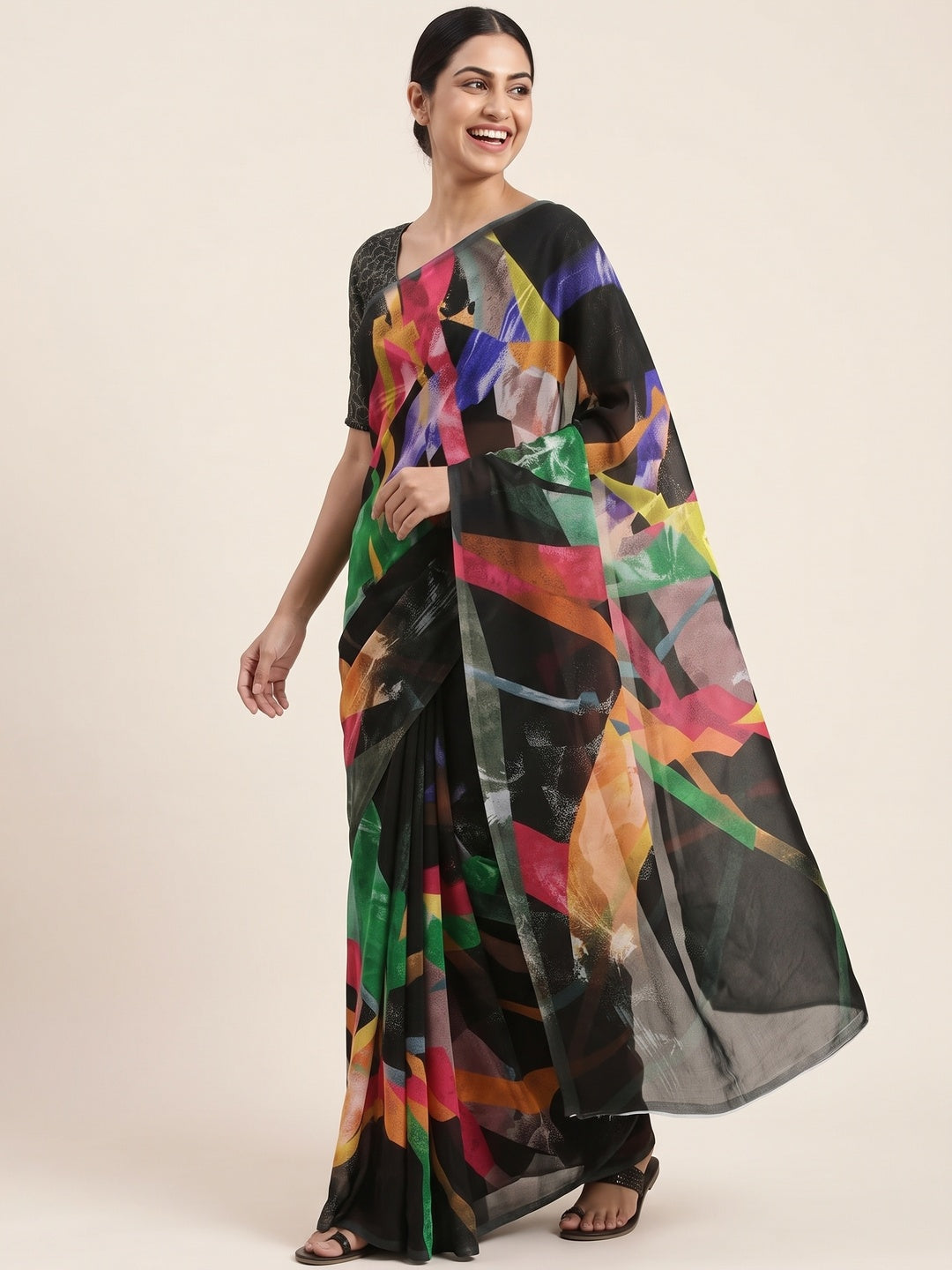 Black Floral Digital Printed Georgette Saree - Image 4