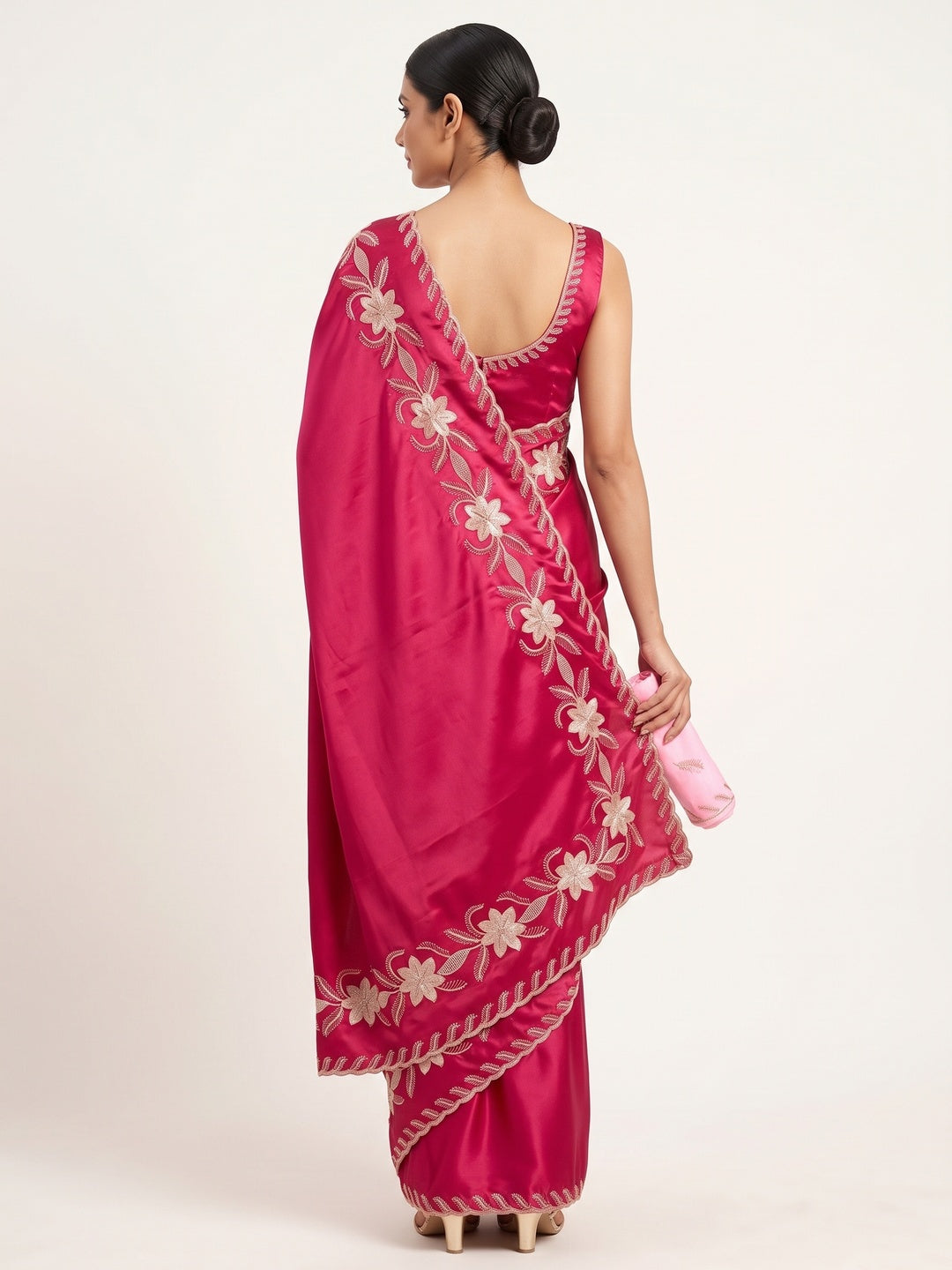 Pink Sequins Work Embroidered Satin Saree for Special Occasions - Image 6