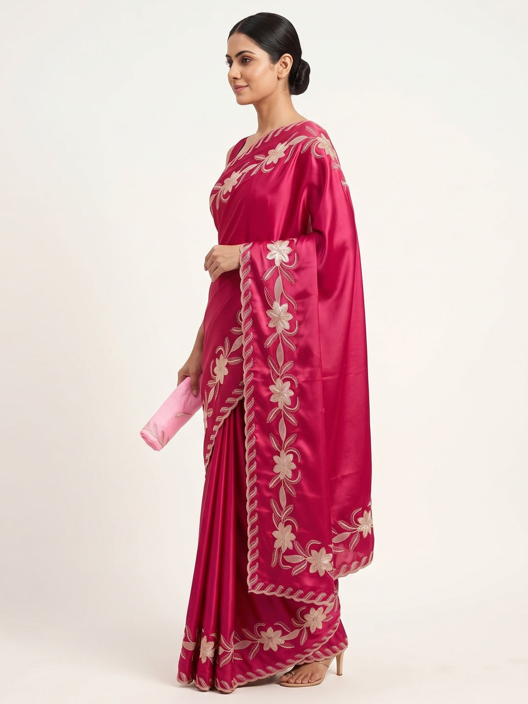 Pink Sequins Work Embroidered Satin Saree for Special Occasions - Image 7