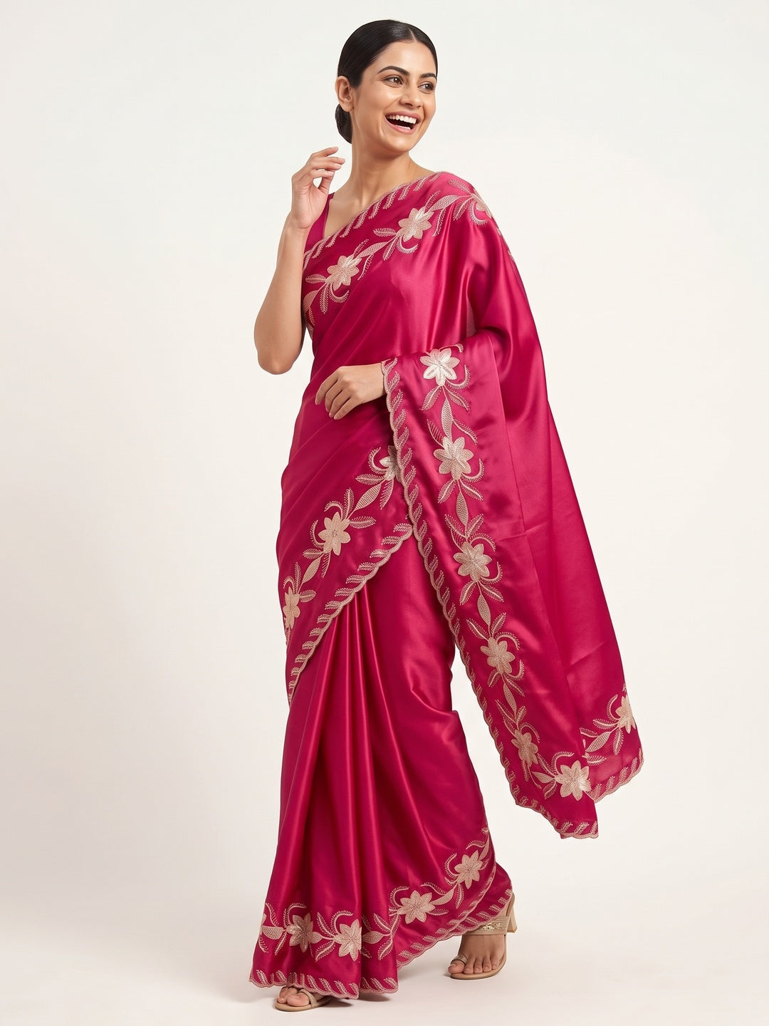 Pink Sequins Work Embroidered Satin Saree for Special Occasions - Image 8