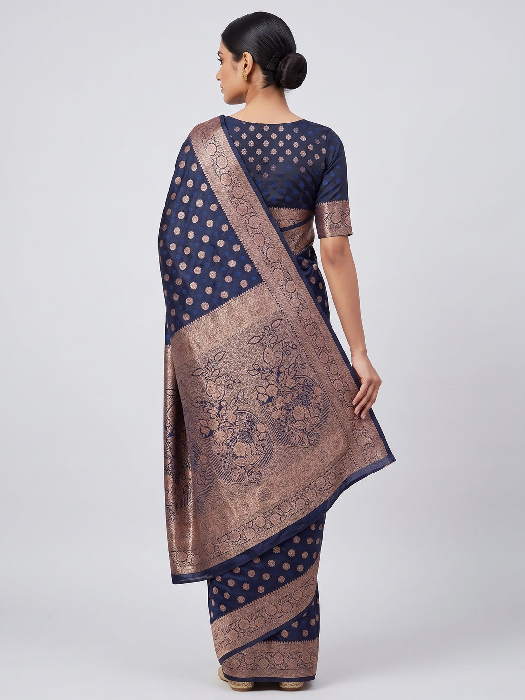 Navy Blue Classic Floral Zari Weaving Satin Silk Saree With Sophisticated Drape - Image 2
