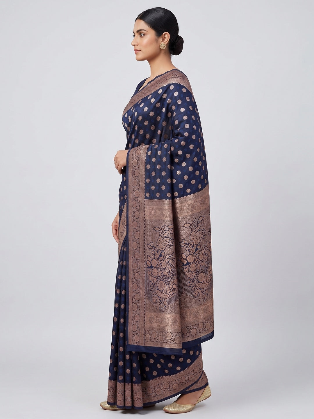 Navy Blue Classic Floral Zari Weaving Satin Silk Saree With Sophisticated Drape - Image 3