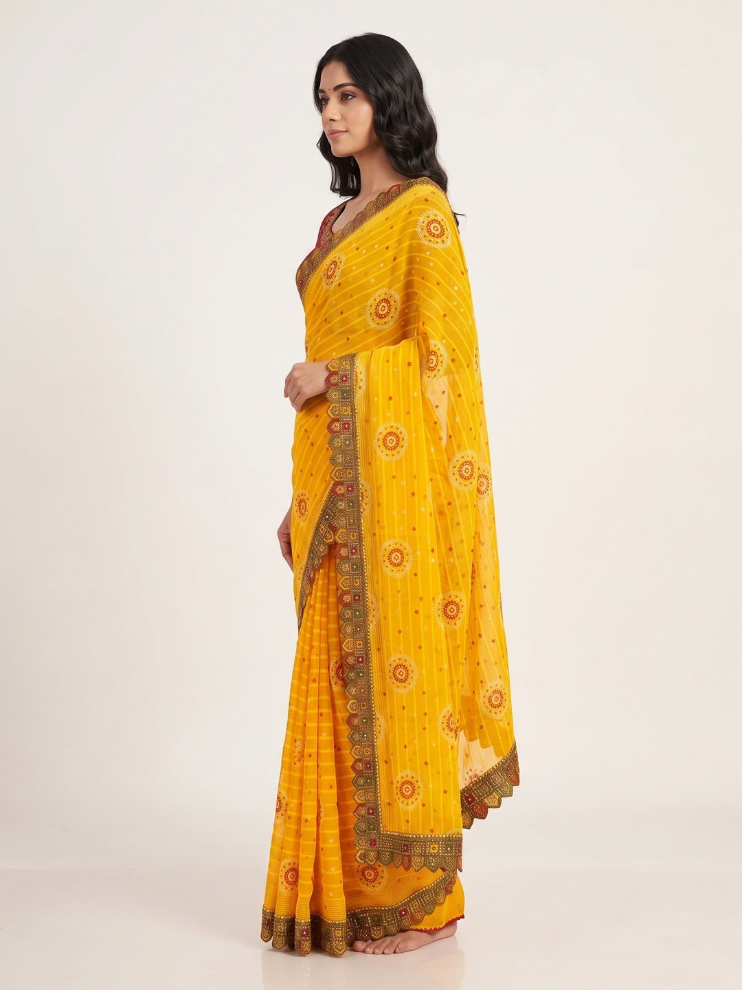 Yellow Bandhani Printed Georgette Saree for Festive Wear with Lace Detailing - Image 3