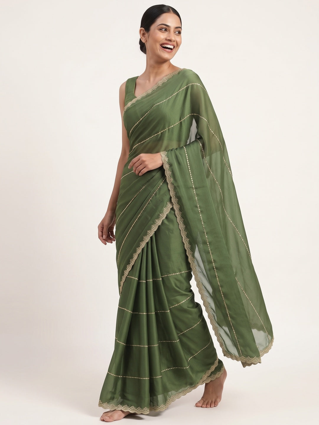 Green Soft Satin Chiffon Saree Adorned with Intricate Sequins Detailing - Image 4