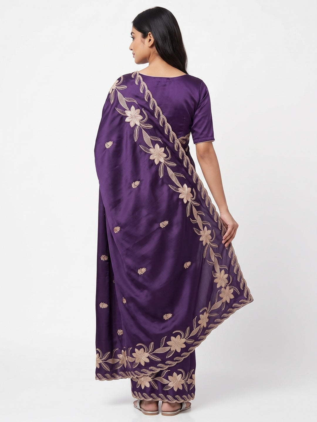 Royal Purple Sequins Work Embroidered Satin Saree for Special Occasions - Image 2