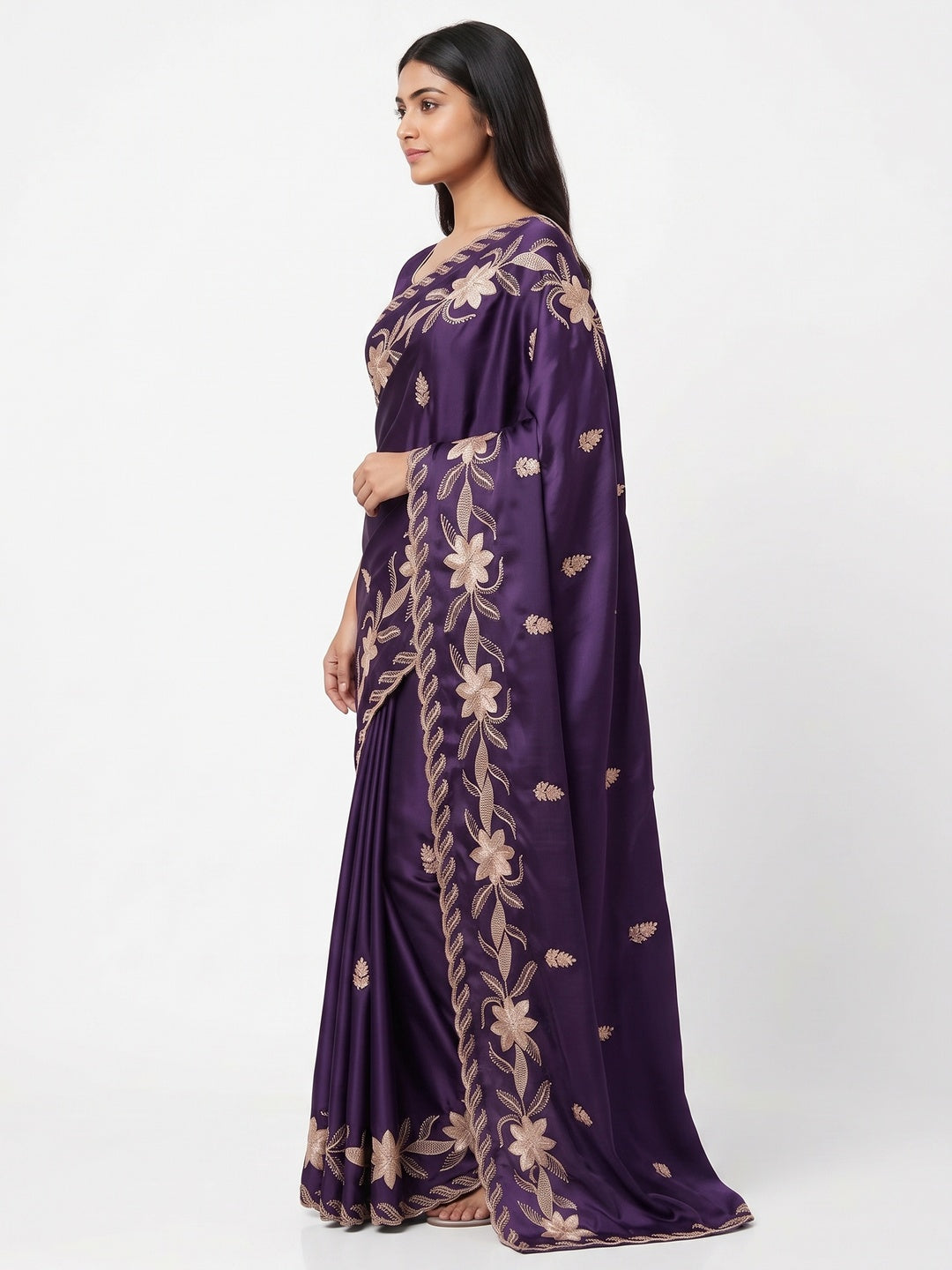 Royal Purple Sequins Work Embroidered Satin Saree for Special Occasions - Image 3