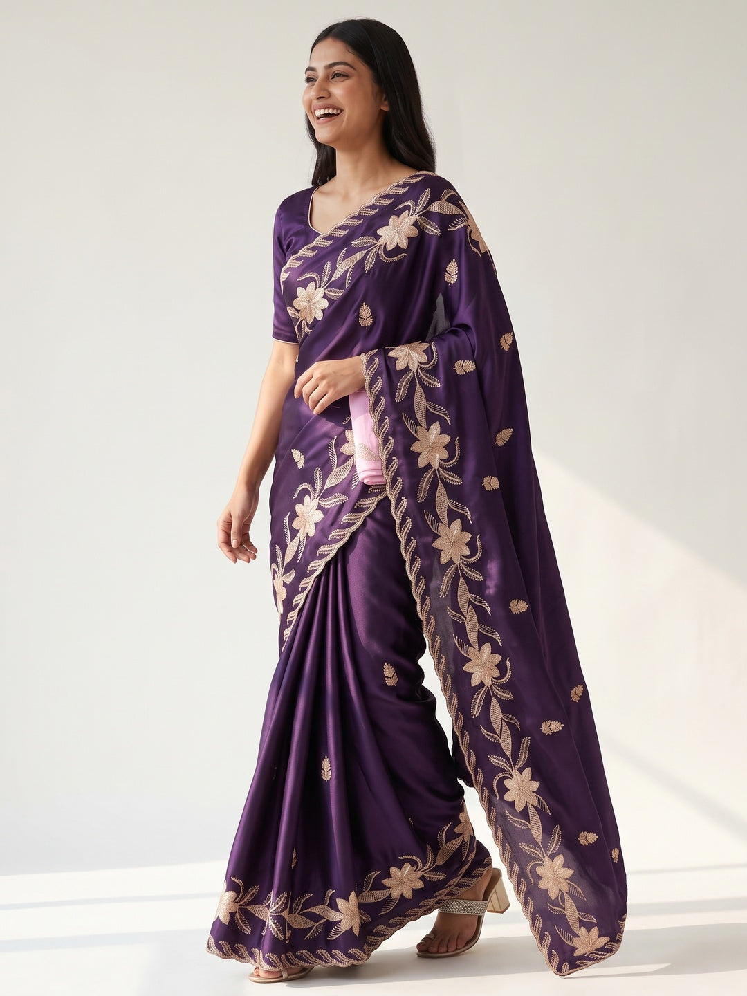 Royal Purple Sequins Work Embroidered Satin Saree for Special Occasions - Image 4