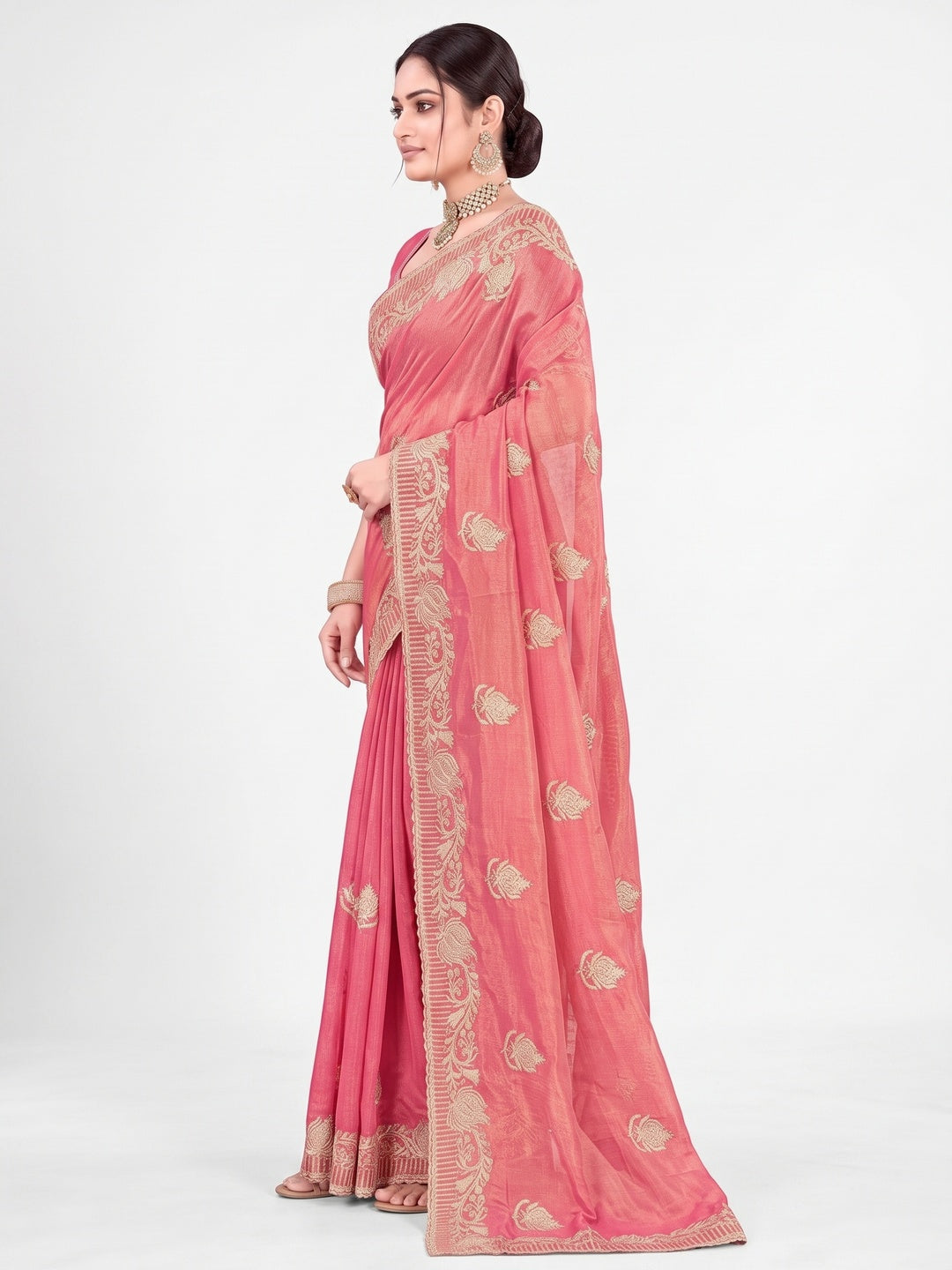 Exclusive Gajari Pink Floral Zari Embroidered Organza Satin Silk Saree With Diamond Detailing - Image 3