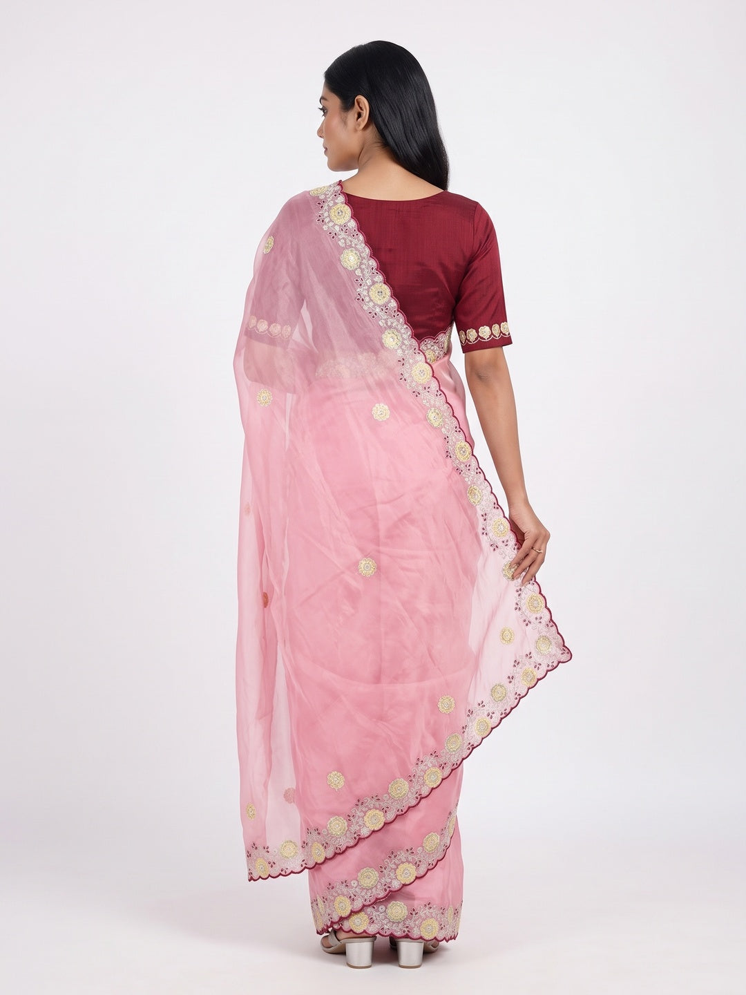 Pink Organza Saree Adorned with Intricate Floral Embroidery - Image 2
