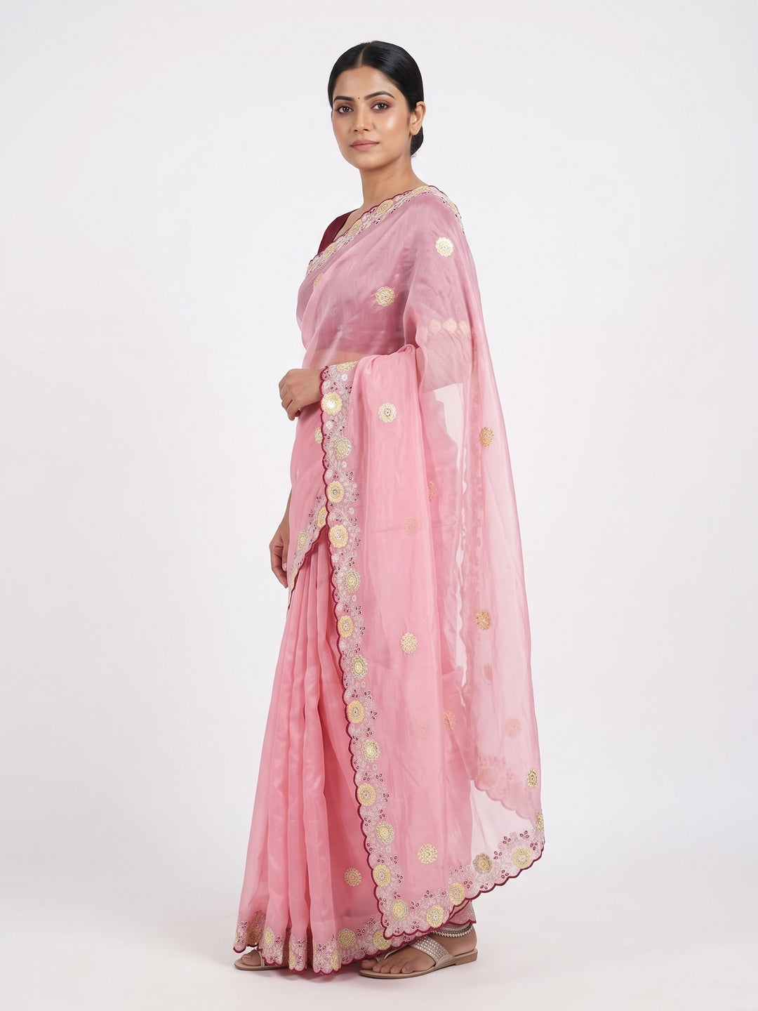 Pink Organza Saree Adorned with Intricate Floral Embroidery - Image 3