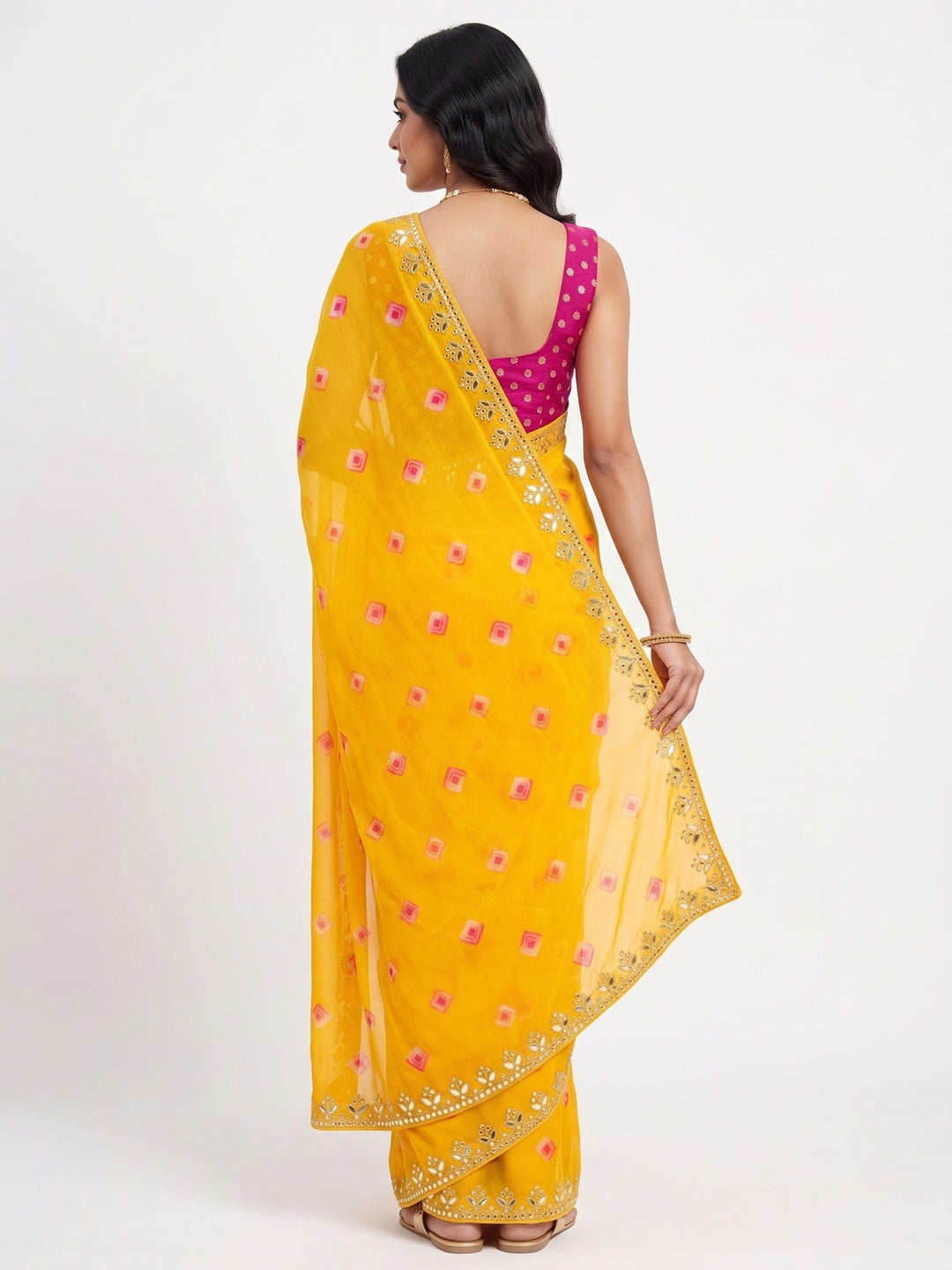 Yellow Bandhani Printed Chiffon Saree With Sequins Embroidered Border - Image 2
