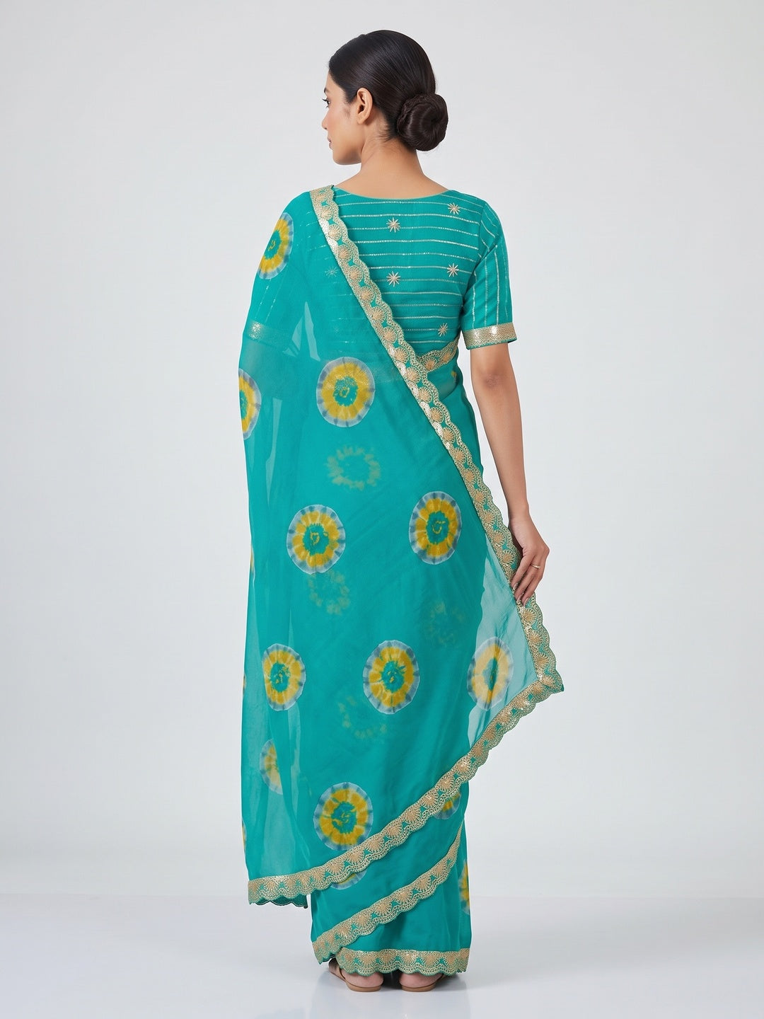Cyan Green Bandhani Printed Georgette Saree With Sequins Border - Image 2