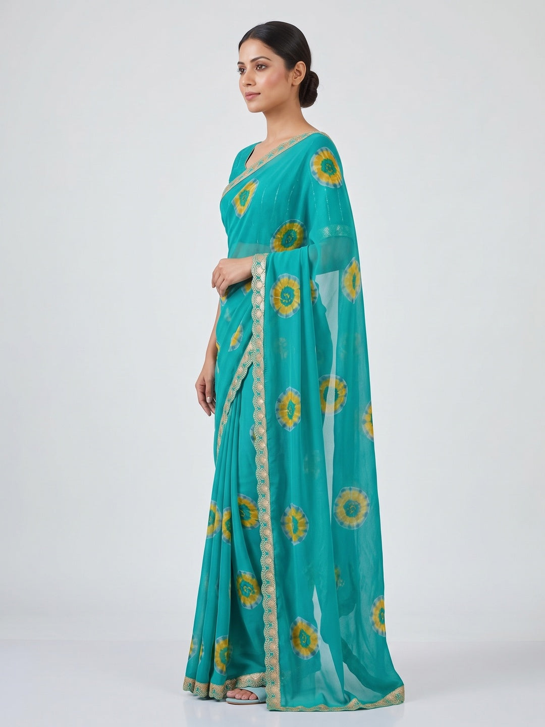 Cyan Green Bandhani Printed Georgette Saree With Sequins Border - Image 3
