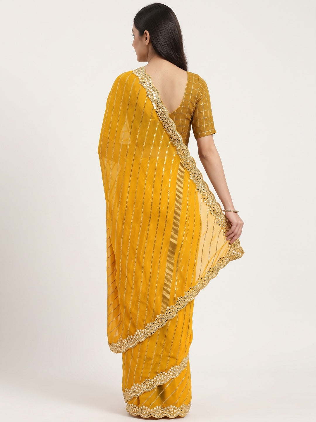 Mustard Striped Printed Chiffon Saree With Sequins Embroidered Border - Image 3