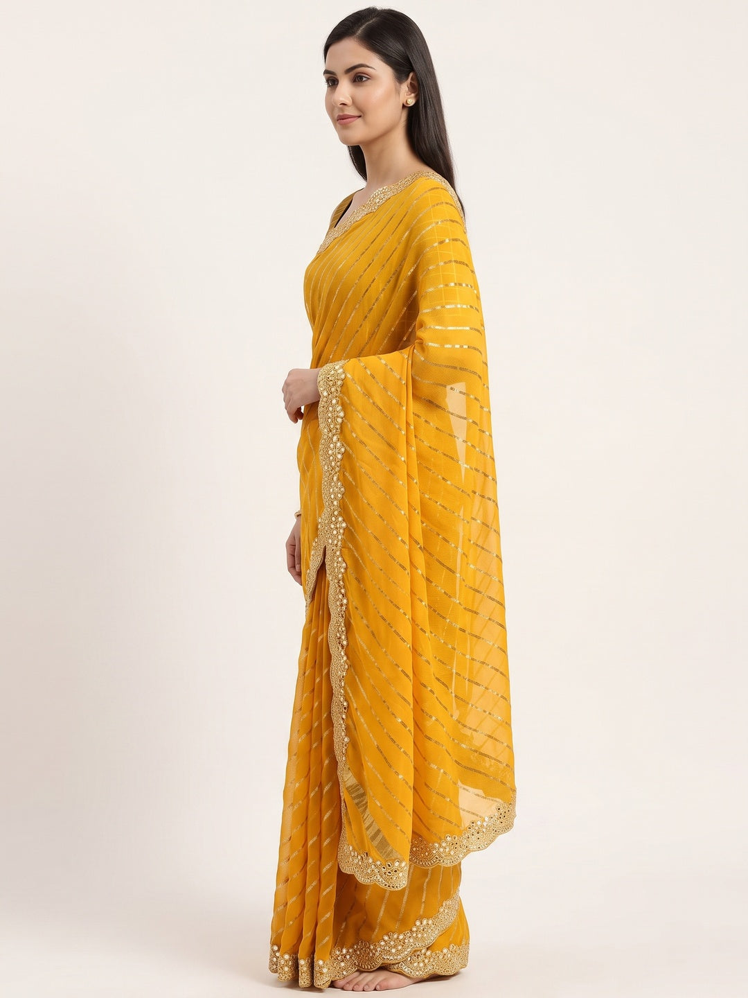 Mustard Striped Printed Chiffon Saree With Sequins Embroidered Border - Image 4
