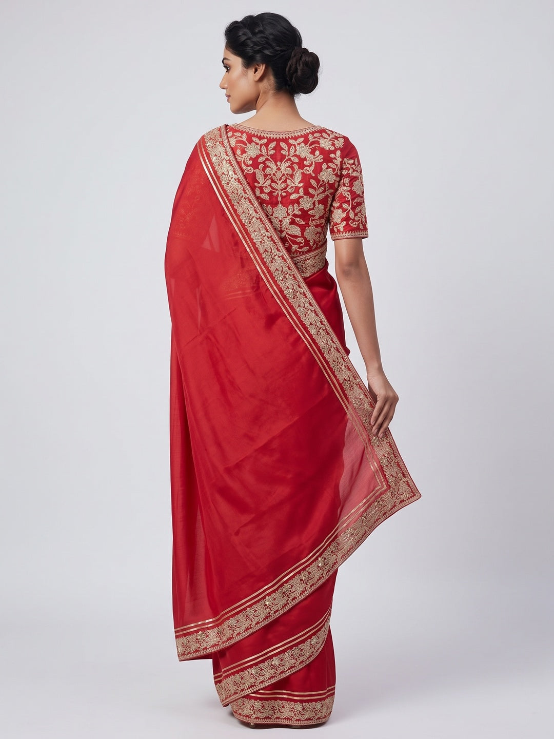 Red Partywear Silk Blend Saree Featuring Rich Silver Thread and Sequins Work - Image 2