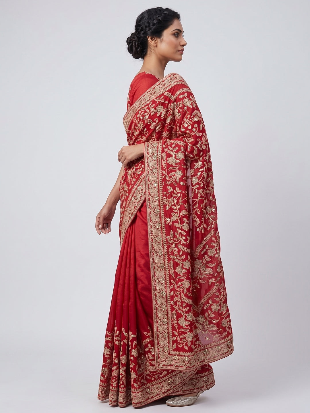 Red Partywear Silk Blend Saree Featuring Rich Silver Thread and Sequins Work - Image 3
