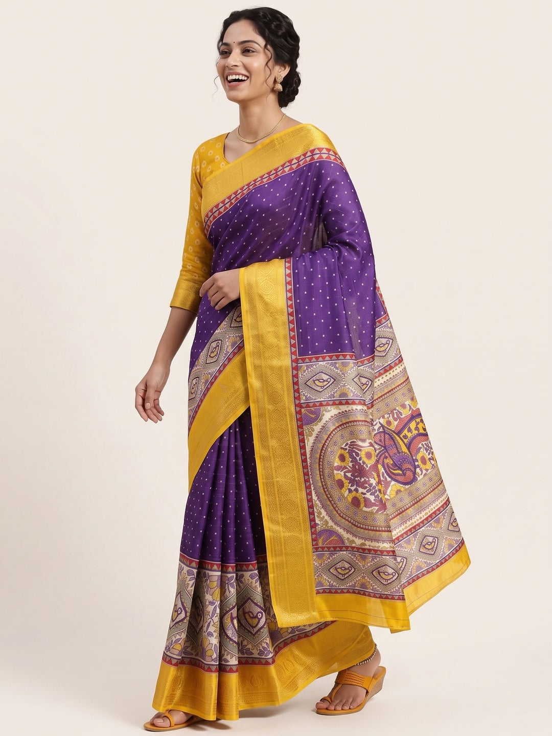Purple Madhubani Work Woven Dola Silk Saree - Image 4
